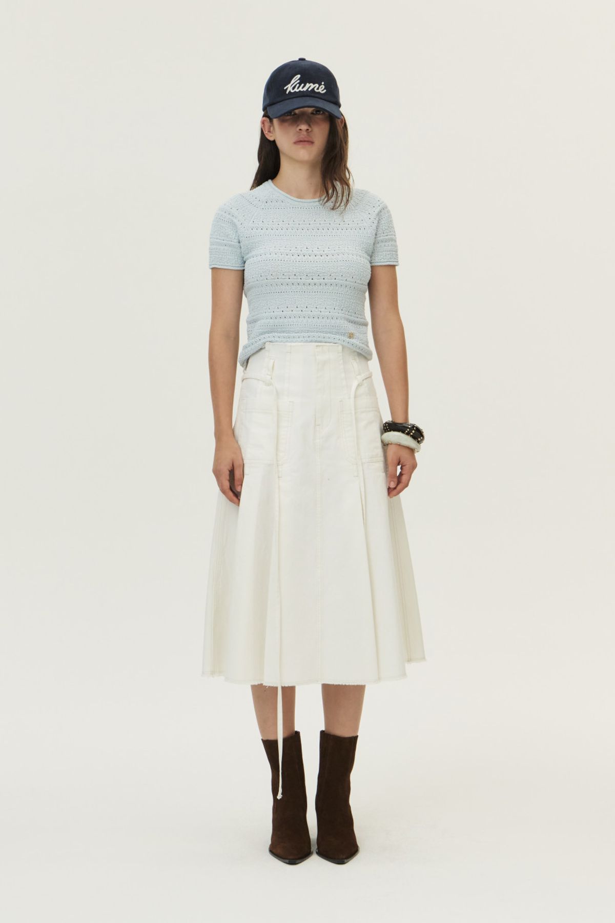 쿠메(KUMÉ) Crochet Short Sleeved Sweater, Light Blue
