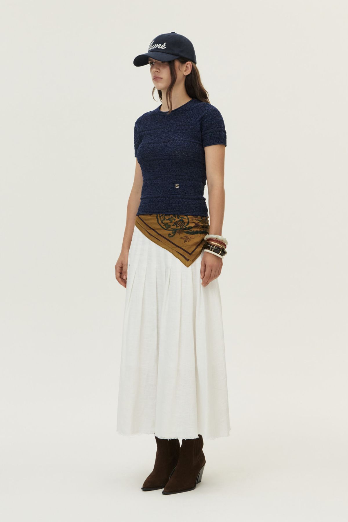 쿠메(KUMÉ) Crochet Short Sleeved Sweater, Navy