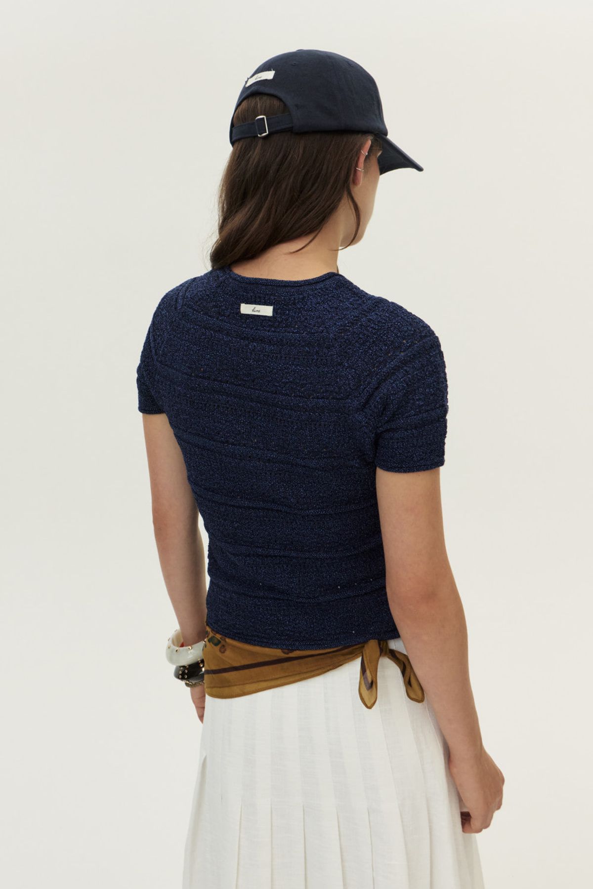 쿠메(KUMÉ) Crochet Short Sleeved Sweater, Navy