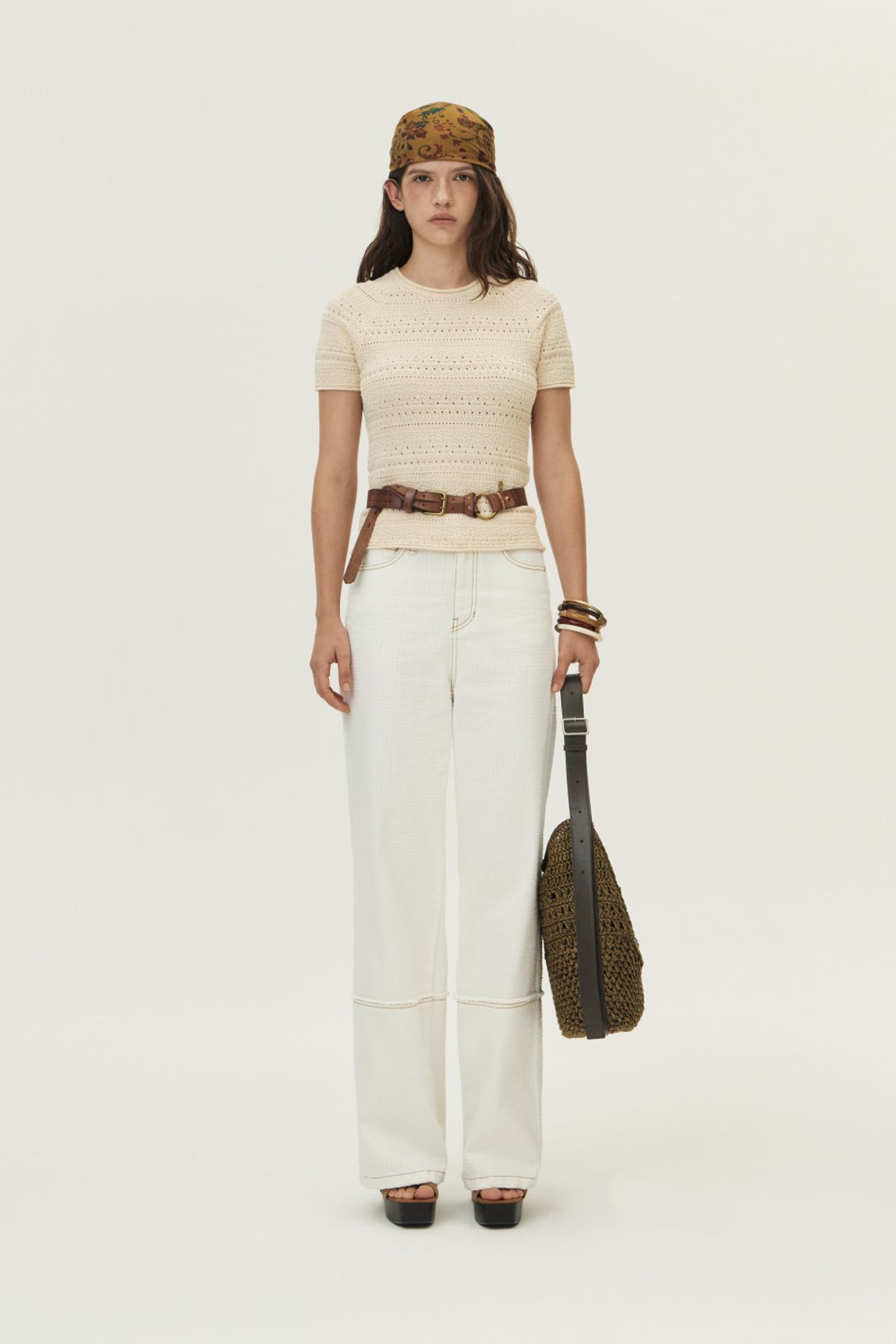 쿠메(KUMÉ) Crochet Short Sleeved Sweater, Skin