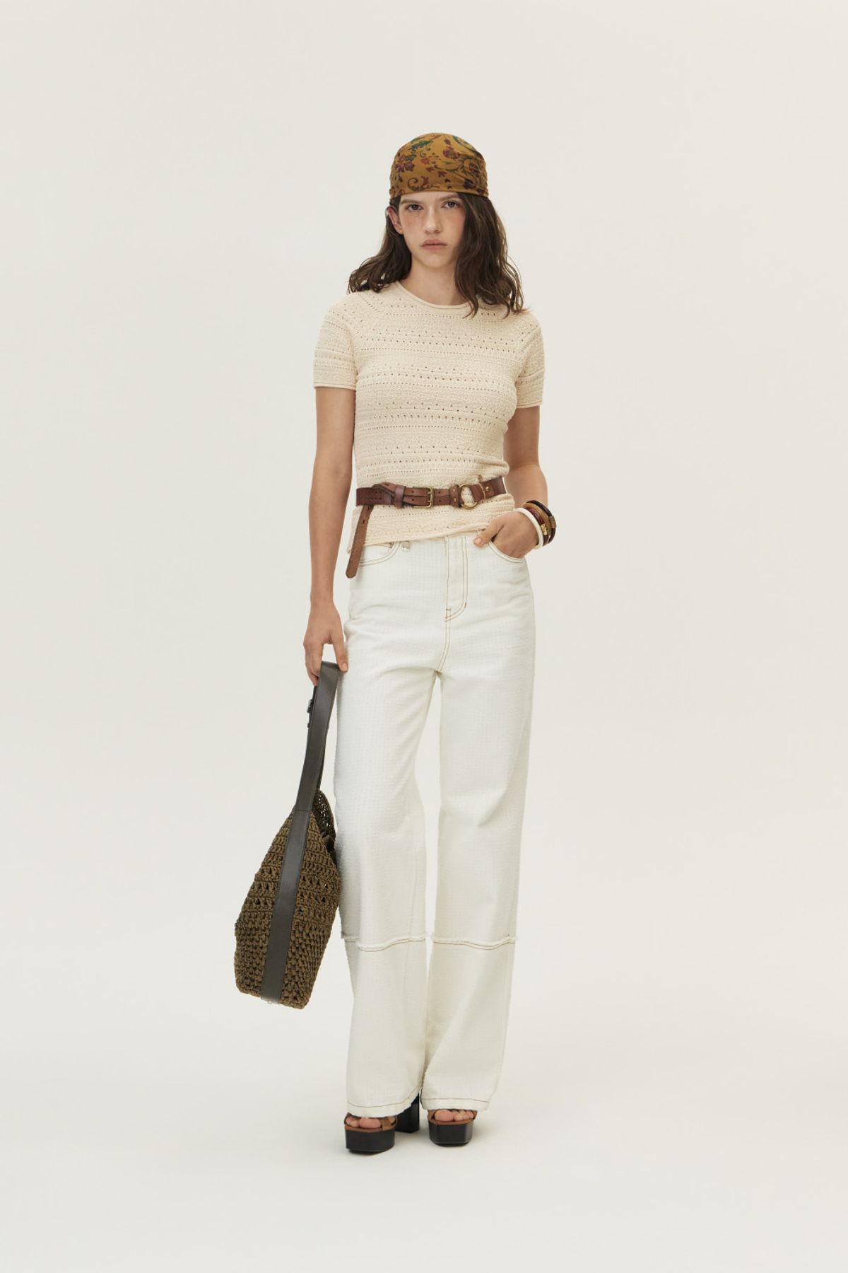 쿠메(KUMÉ) Crochet Short Sleeved Sweater, Skin
