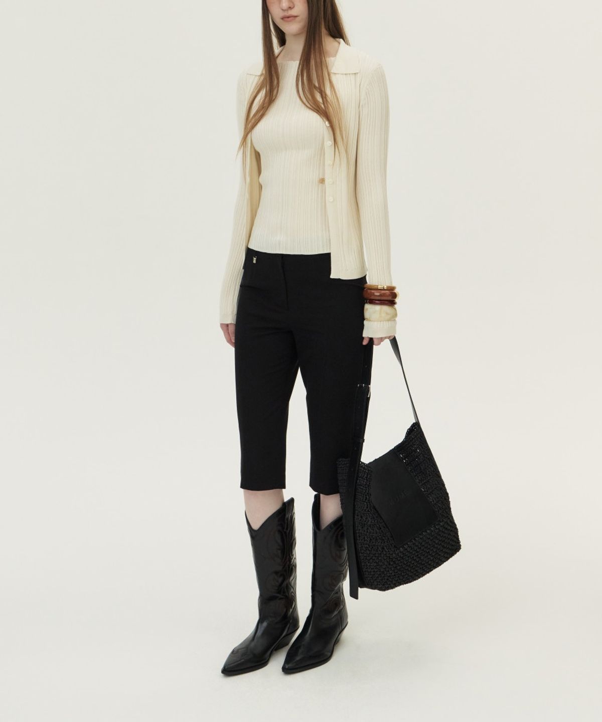 쿠메(KUMÉ) Back Slit Capri Pants, Black