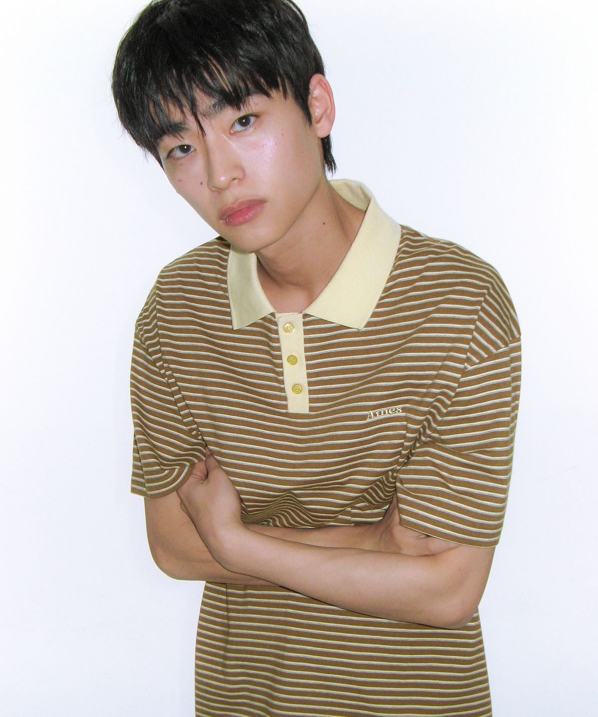 아메스 월드와이드(AMES-WORLDWIDE) BASIC STRIPE COLLAR TEE BROWN