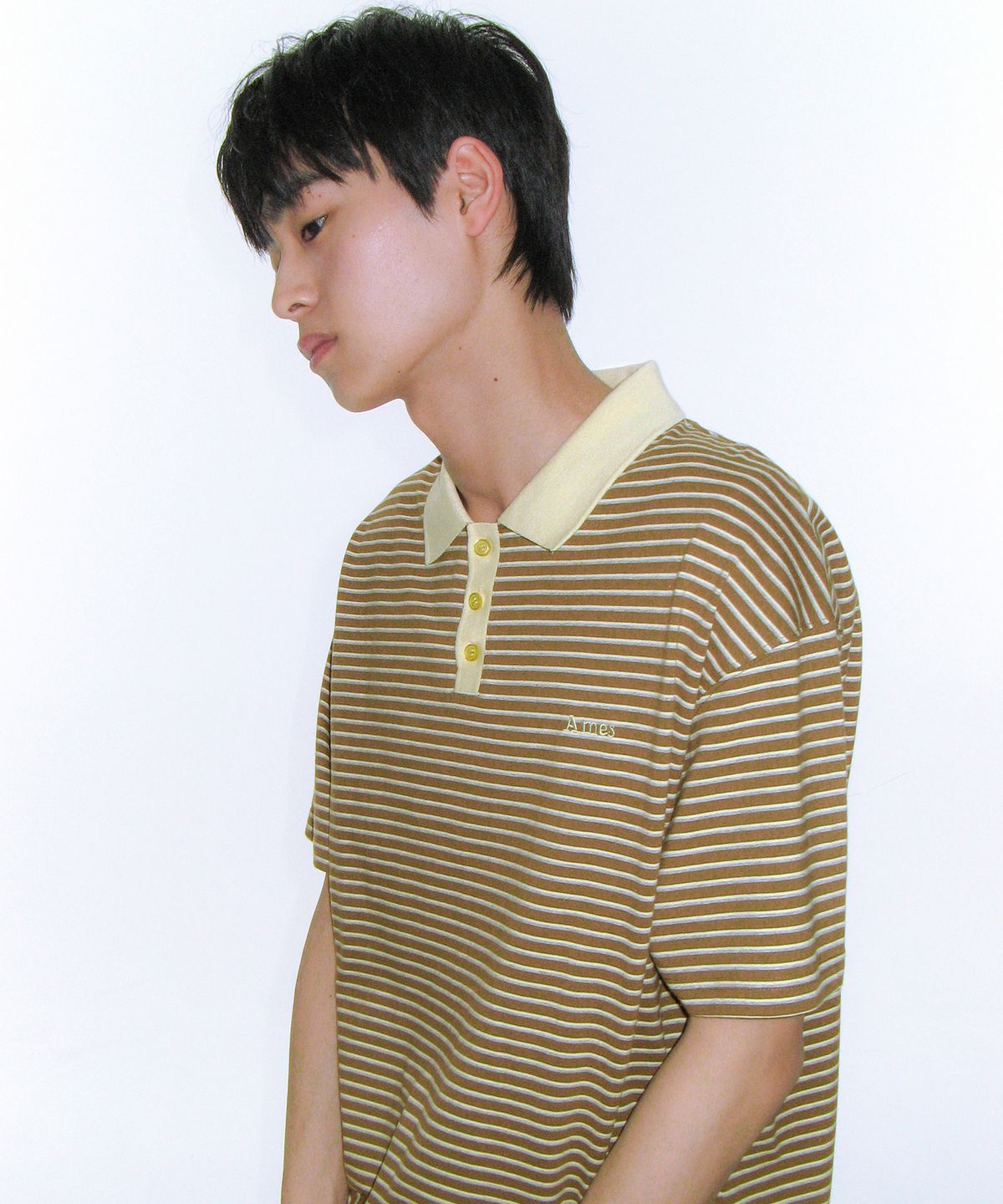 아메스 월드와이드(AMES-WORLDWIDE) BASIC STRIPE COLLAR TEE BROWN