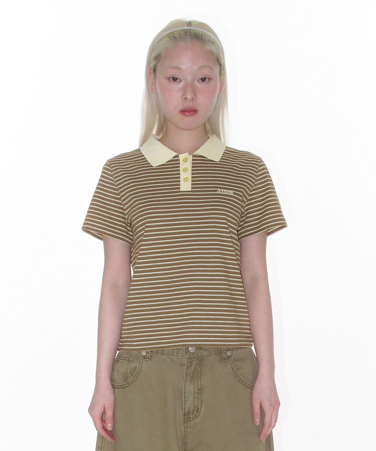 아메스 월드와이드(AMES-WORLDWIDE) BASIC STRIPE COLLAR TEE BROWN