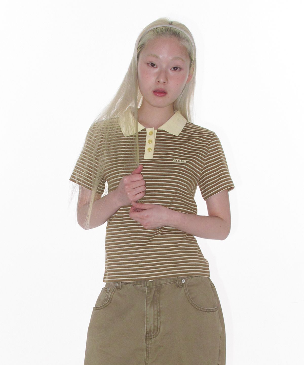 아메스 월드와이드(AMES-WORLDWIDE) BASIC STRIPE COLLAR TEE BROWN