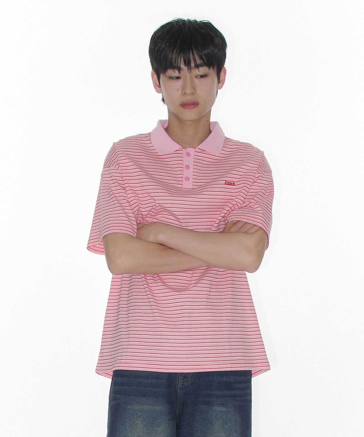 아메스 월드와이드(AMES-WORLDWIDE) BASIC STRIPE COLLAR TEE PINK
