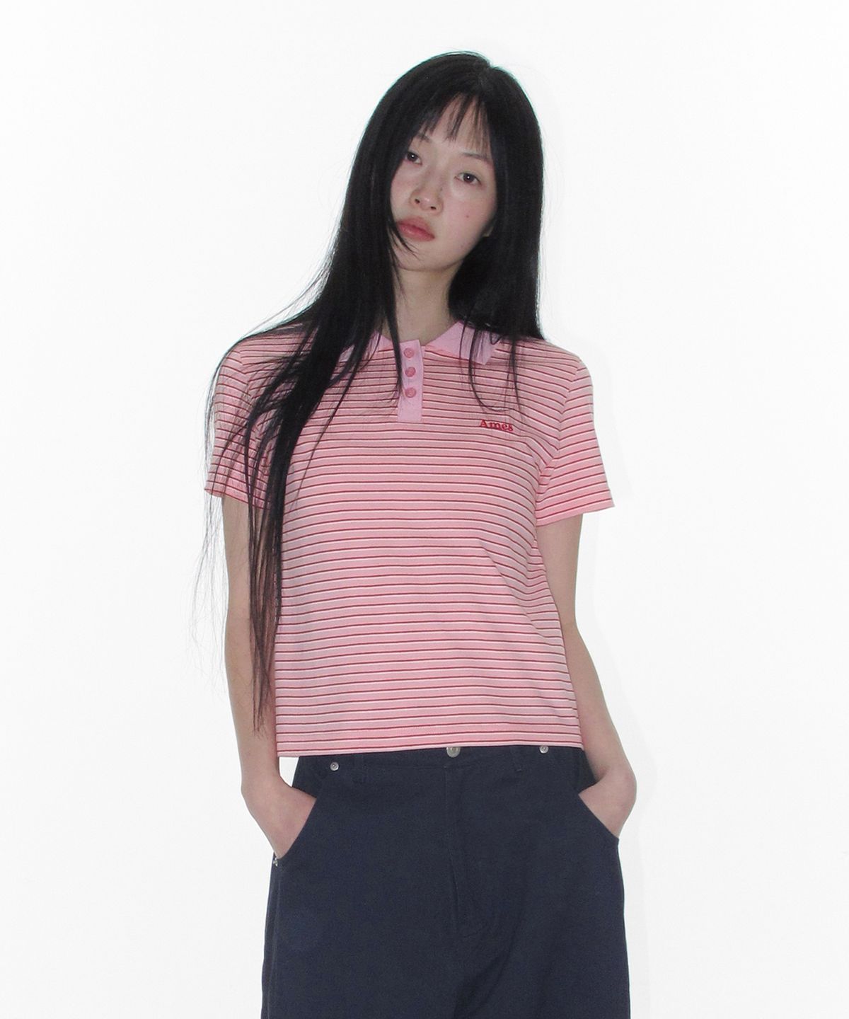 아메스 월드와이드(AMES-WORLDWIDE) BASIC STRIPE COLLAR TEE PINK