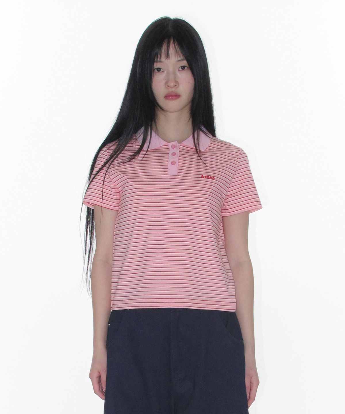 아메스 월드와이드(AMES-WORLDWIDE) BASIC STRIPE COLLAR TEE PINK