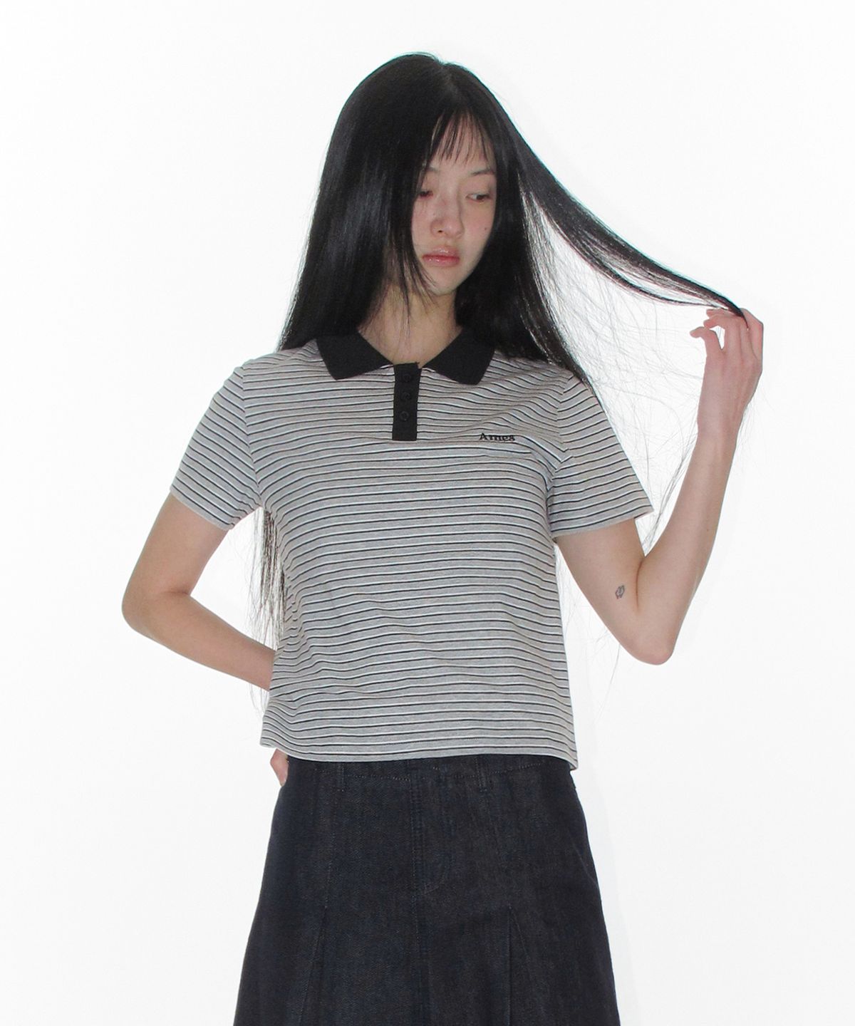 아메스 월드와이드(AMES-WORLDWIDE) BASIC STRIPE COLLAR TEE GREY