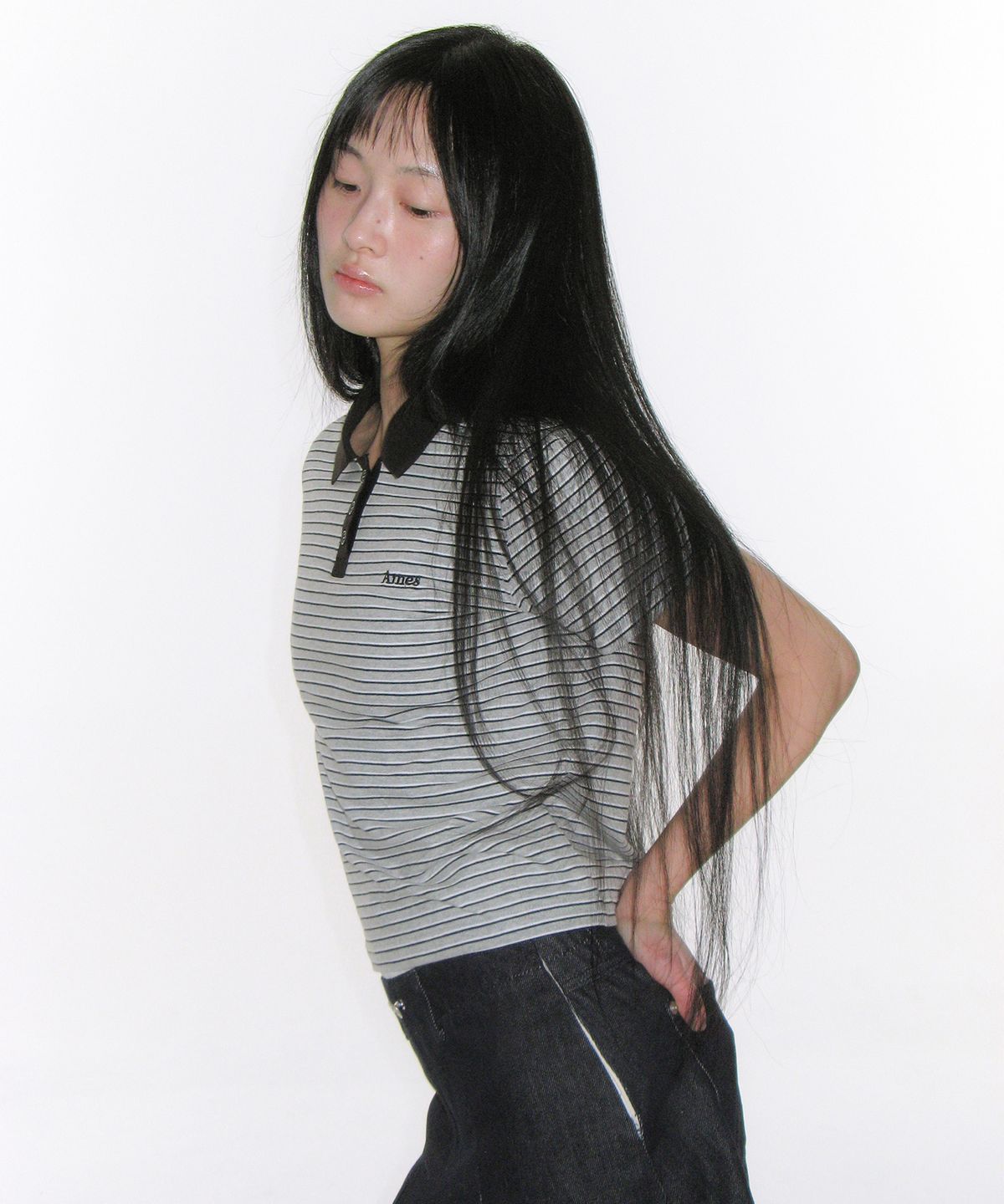 아메스 월드와이드(AMES-WORLDWIDE) BASIC STRIPE COLLAR TEE GREY