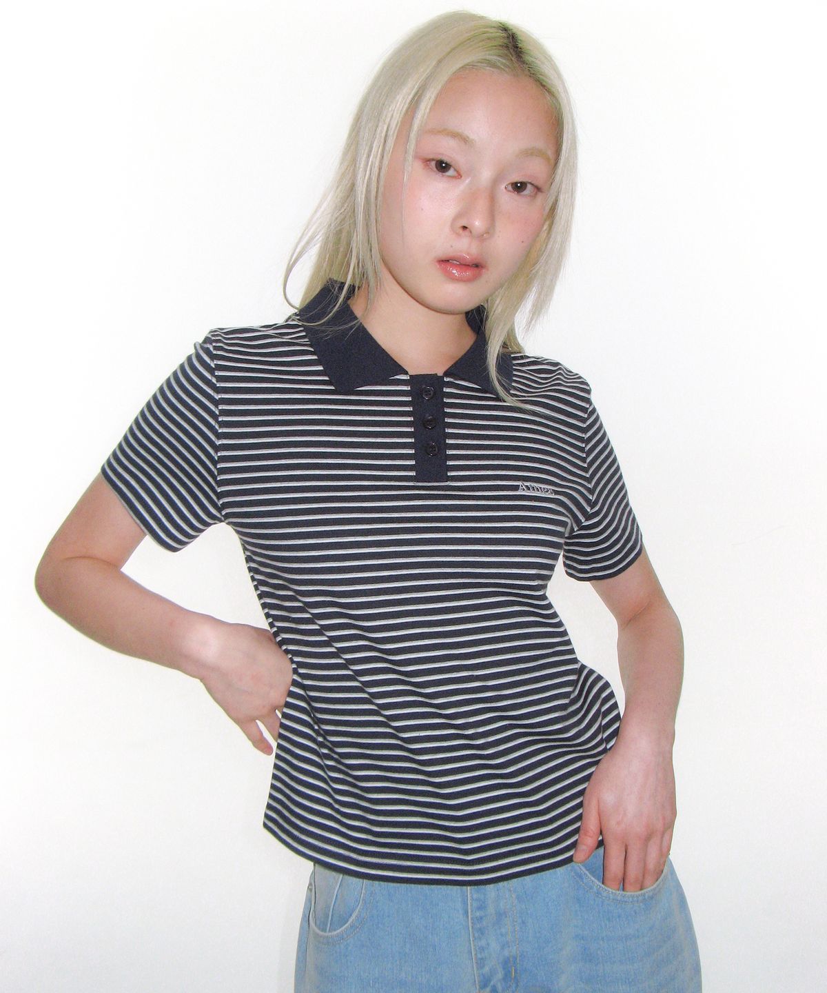 아메스 월드와이드(AMES-WORLDWIDE) BASIC STRIPE COLLAR TEE NAVY
