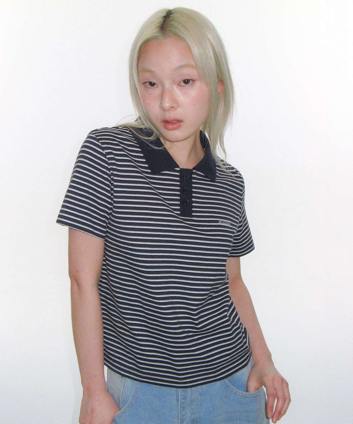 아메스 월드와이드(AMES-WORLDWIDE) BASIC STRIPE COLLAR TEE NAVY