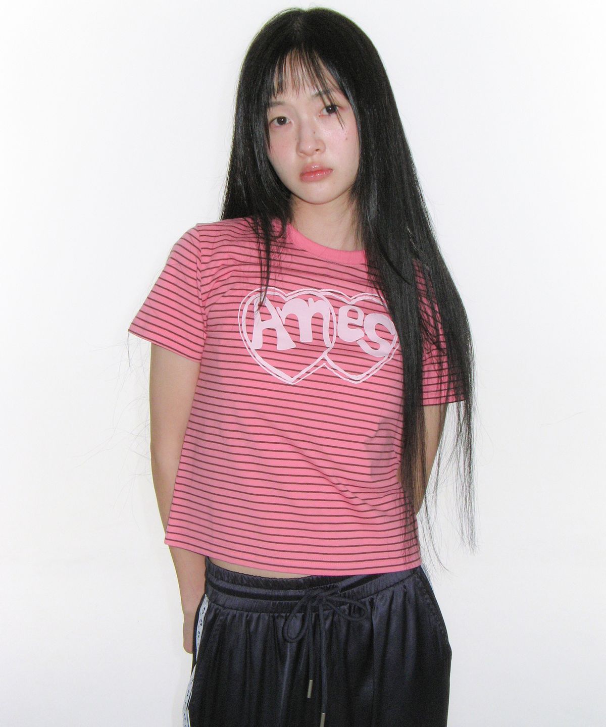 아메스 월드와이드(AMES-WORLDWIDE) HEART SPRAY STRIPE TEE PINK