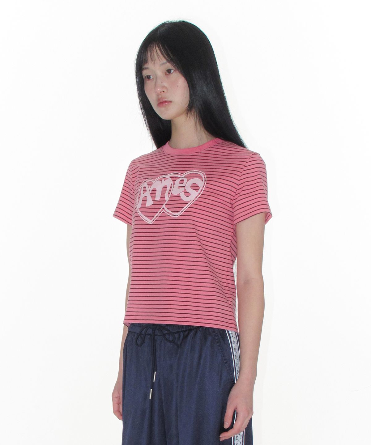 아메스 월드와이드(AMES-WORLDWIDE) HEART SPRAY STRIPE TEE PINK