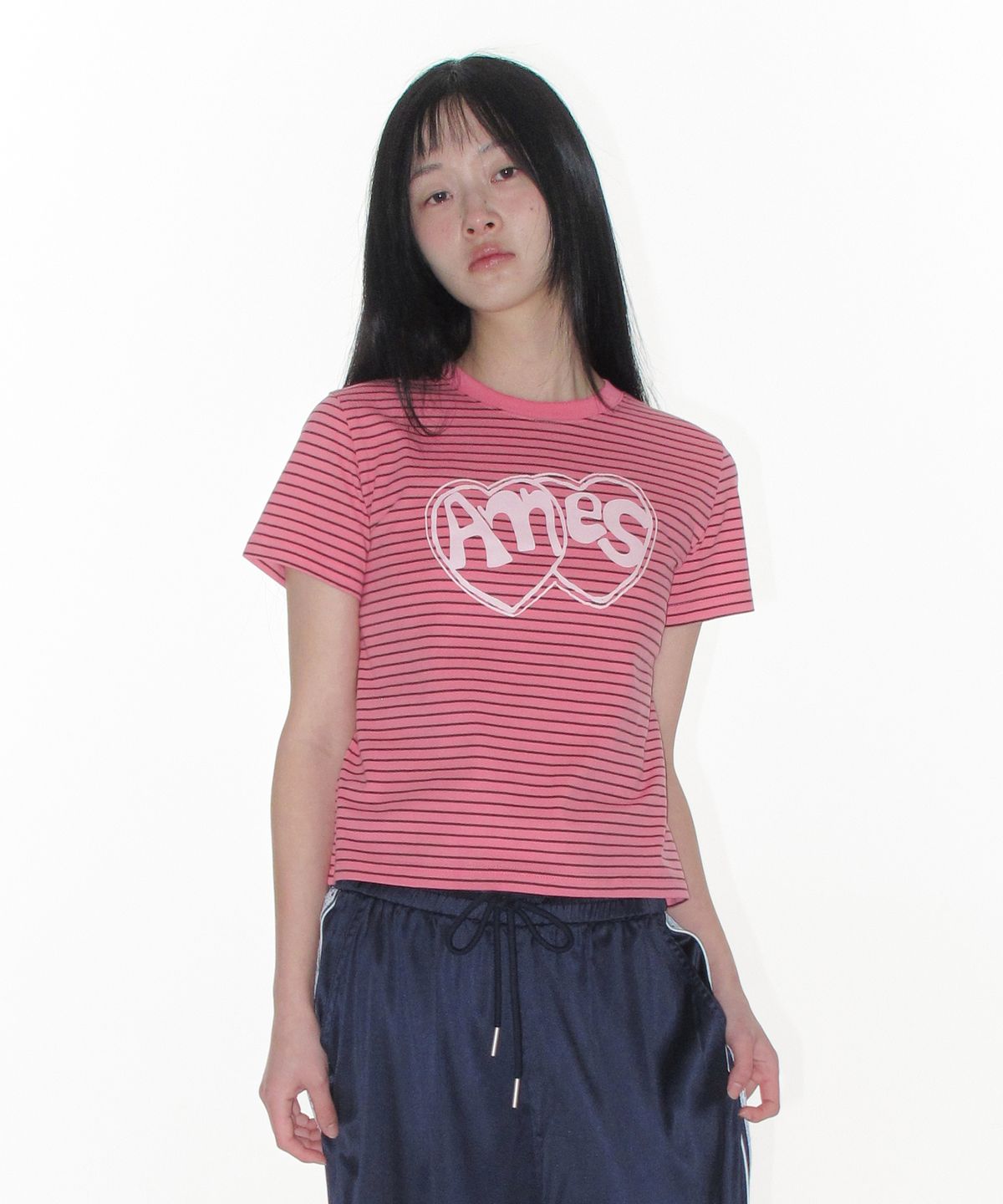 아메스 월드와이드(AMES-WORLDWIDE) HEART SPRAY STRIPE TEE PINK