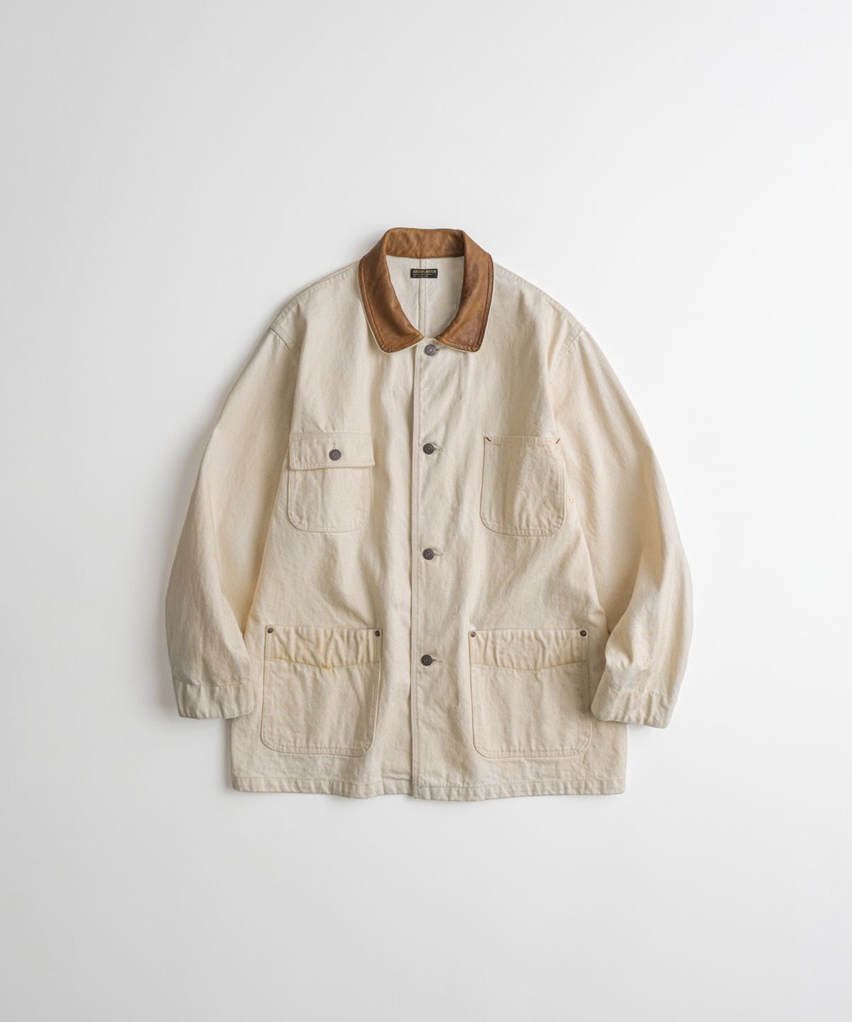 비헤비어(BEHEAVYER) WASHED LEATHER COLLAR COVERALL JACKET natural aged