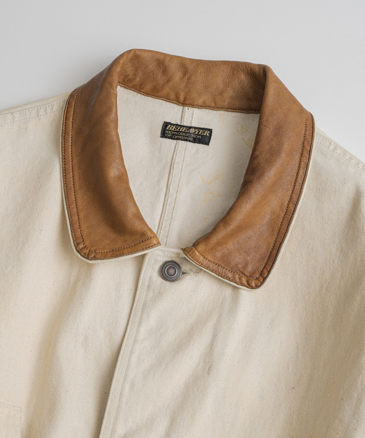 비헤비어(BEHEAVYER) WASHED LEATHER COLLAR COVERALL JACKET natural aged
