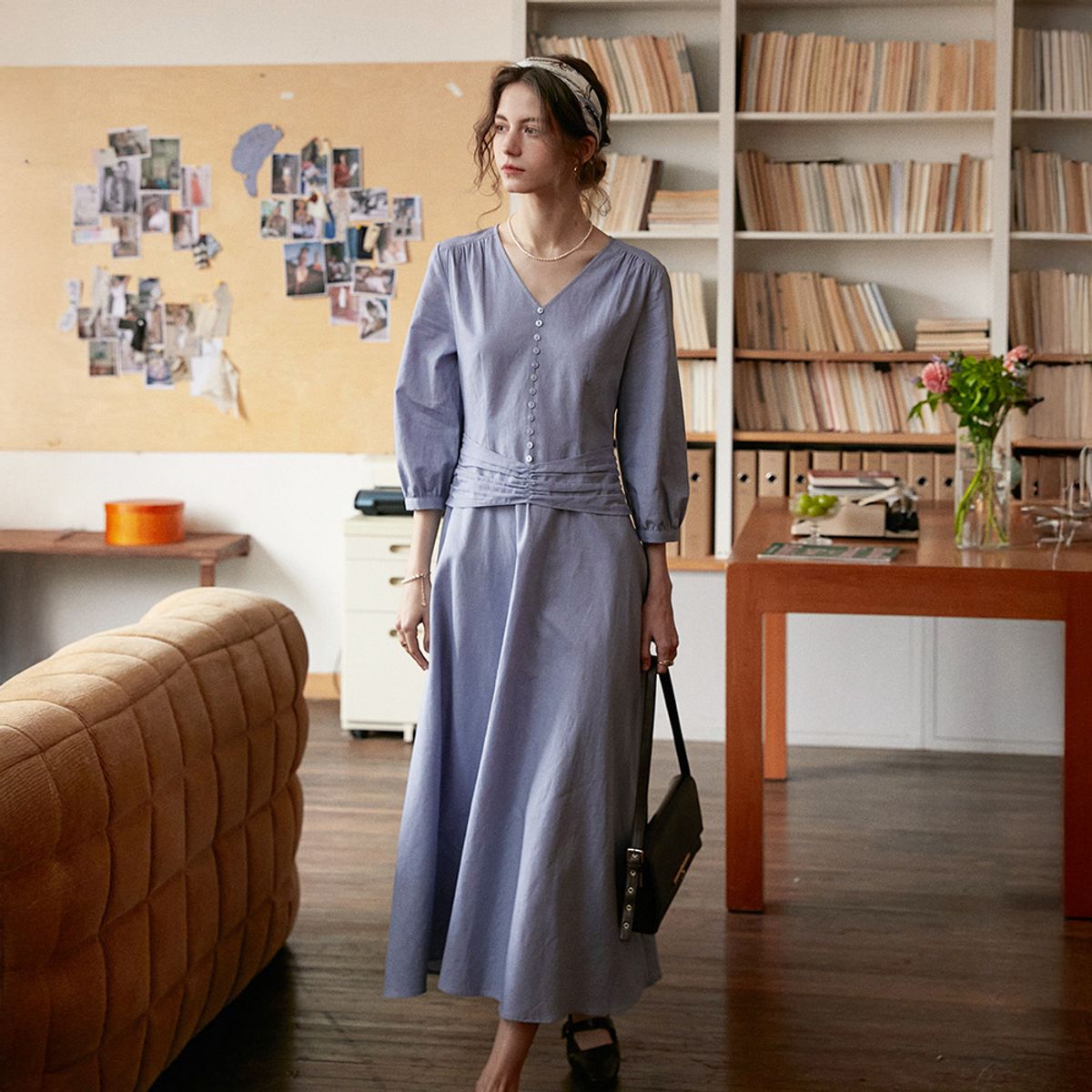 심플레트로(SIMPLE RETRO) SR_Slim long v-neck dress