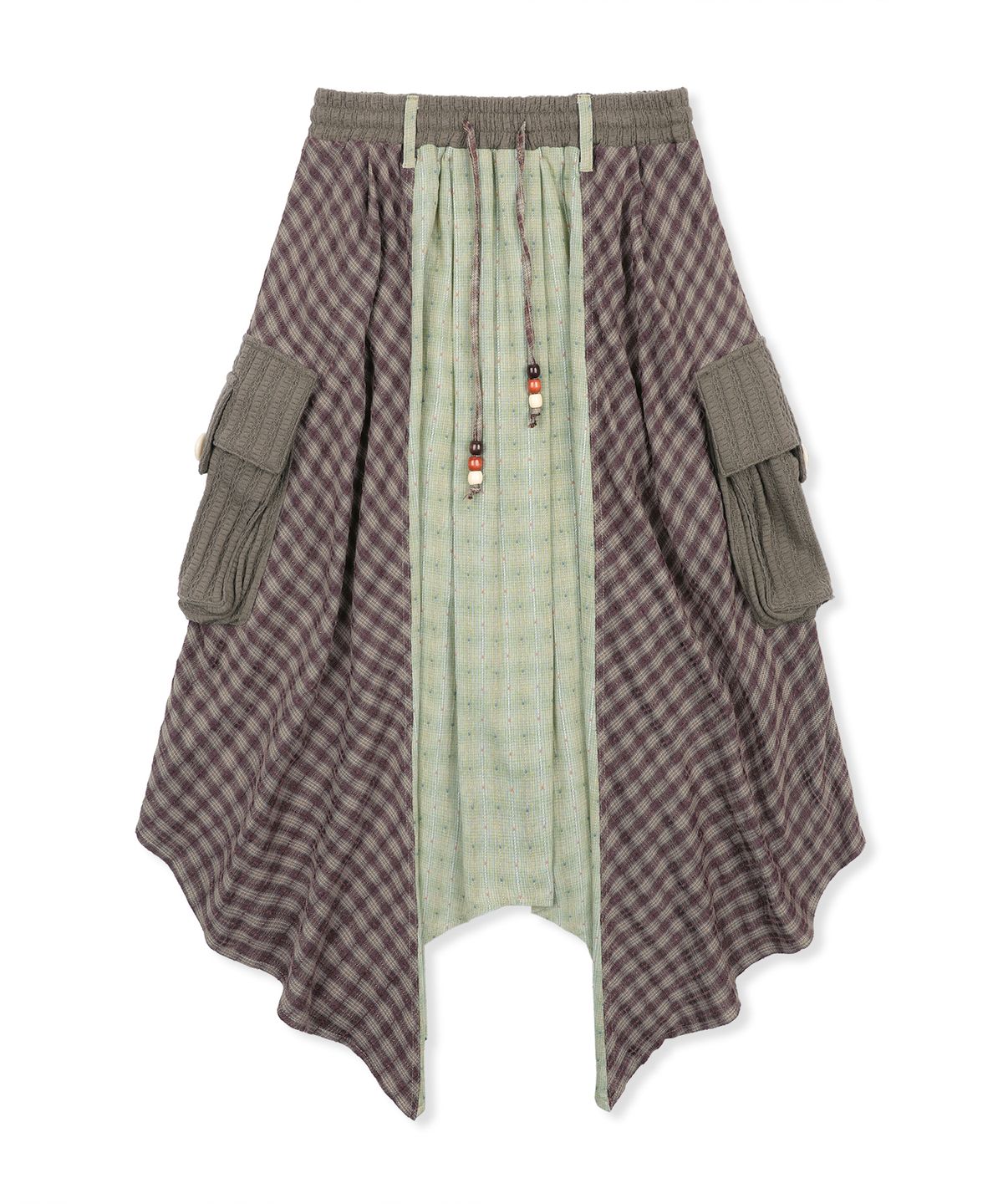 루나키후(RuNaKi'Hu') WXSK016 히라리 언발란스 체크 스커트 (BROWN/KHAKI)