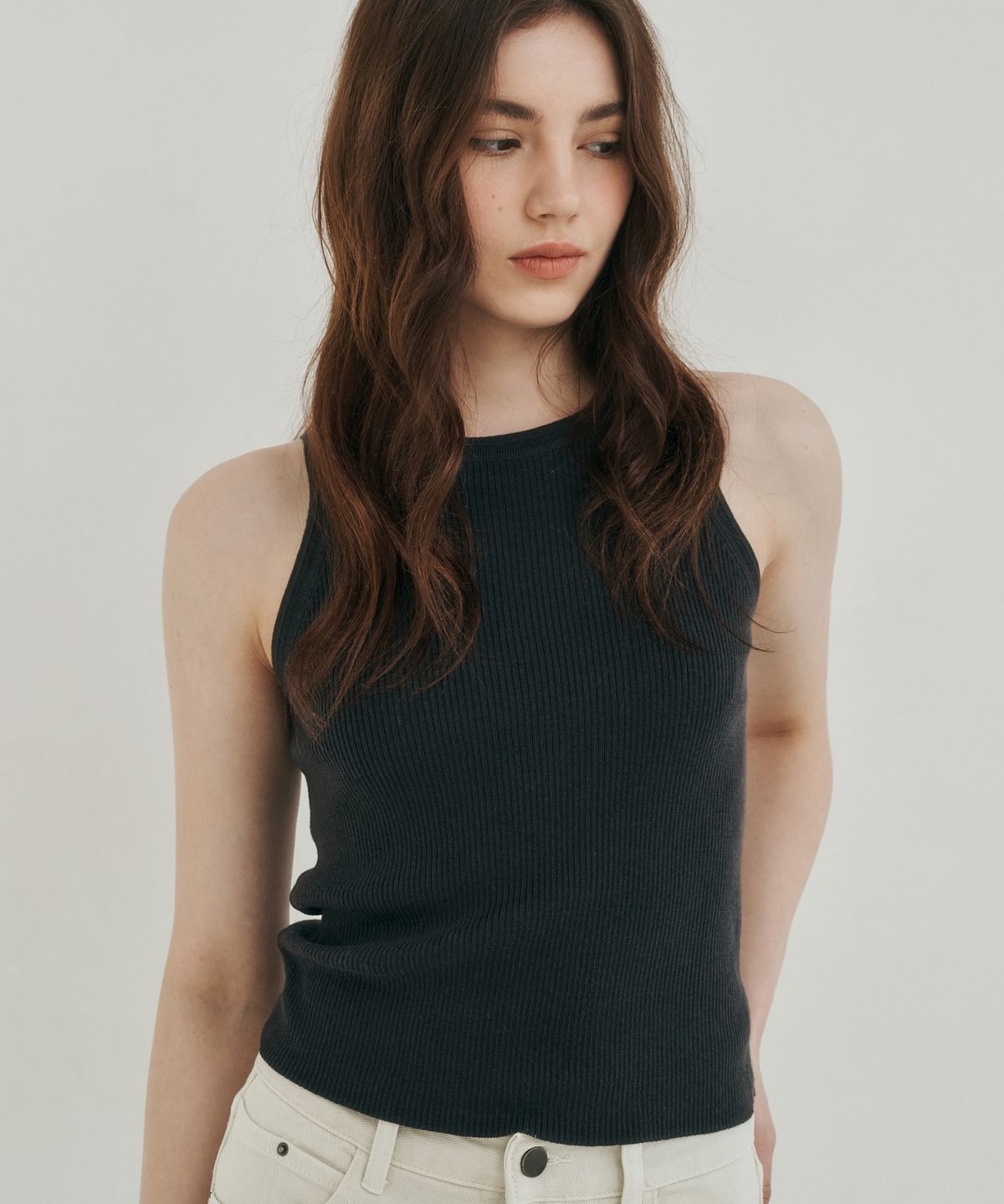 로시로우(LOSSYROW) Round Rib Sleeveless Top Charcoal