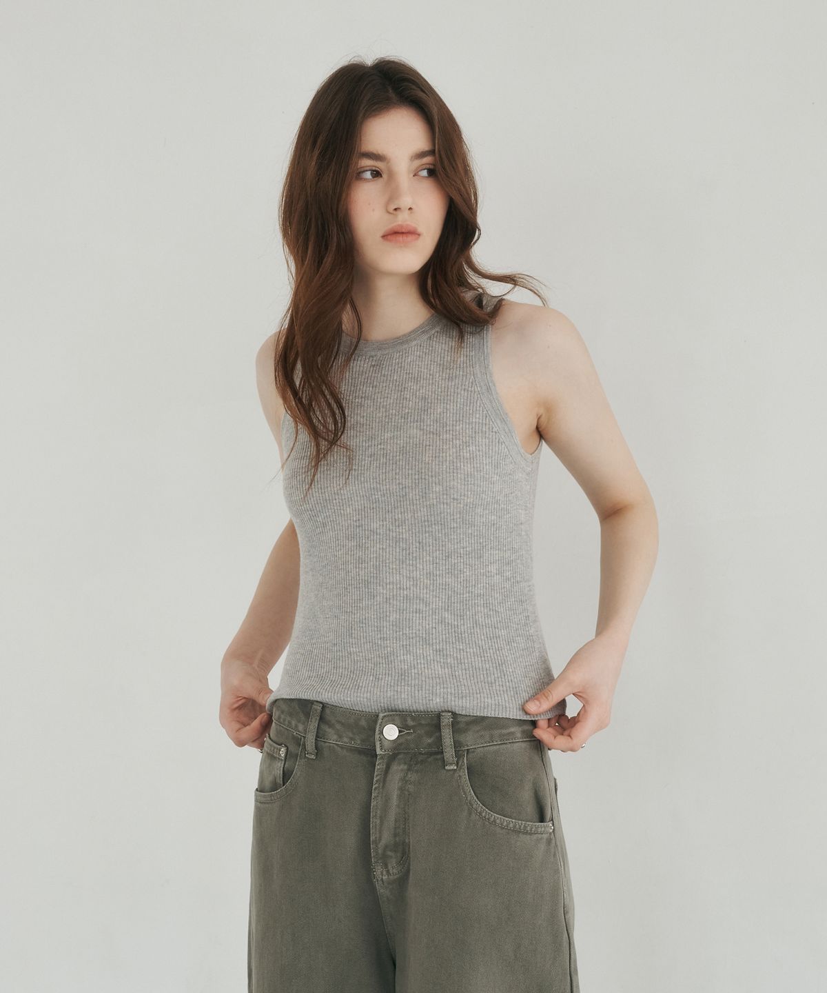 로시로우(LOSSYROW) Round Rib Sleeveless Top gray