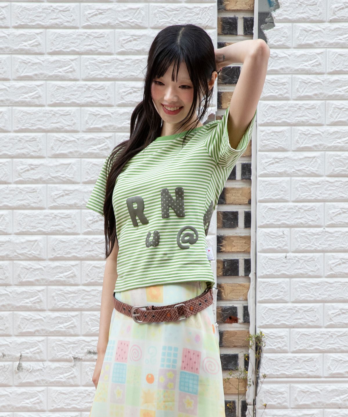 루나키후(RuNaKi'Hu') WXT080 나라비 스트라이프 셔링 티셔츠 (LIGHT GREEN)