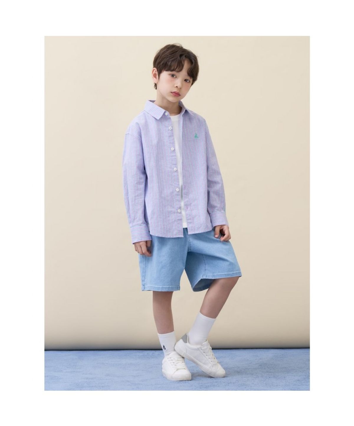 빈폴 키즈(BEANPOLE KIDS) [Essential] 클래식 리넨 멀티 스트라이프 셔츠  라이트 퍼플 (BI6364UE1V) (BI6364UE1V)