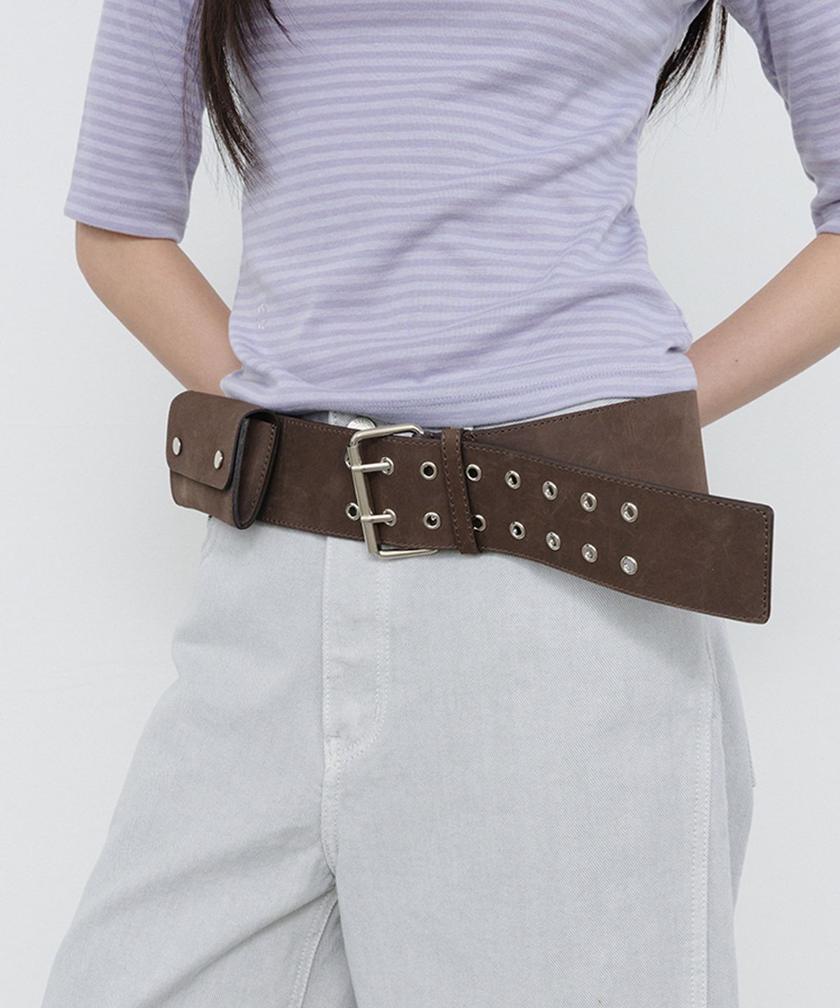 쓰리투에이티(THREE TO EIGHTY) 2-BUCKLE POCKET BELT BROWN
