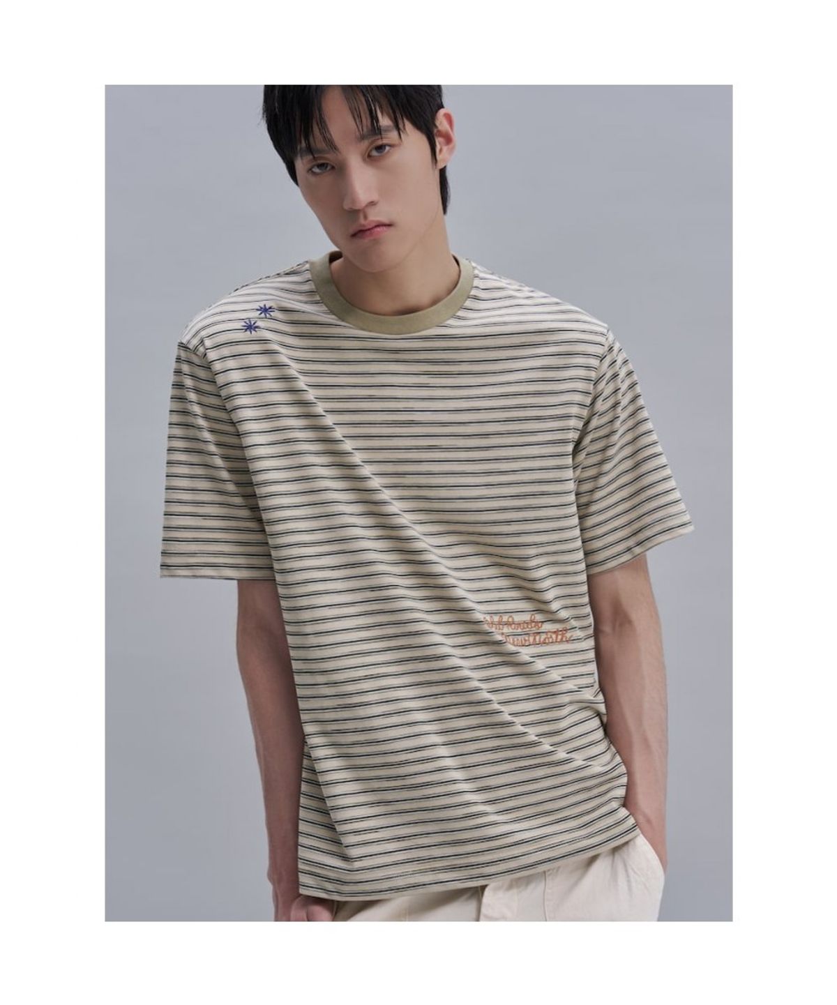 시프트지(SHIFT.G) Lettering Point Stripe TShirt  Khaki
