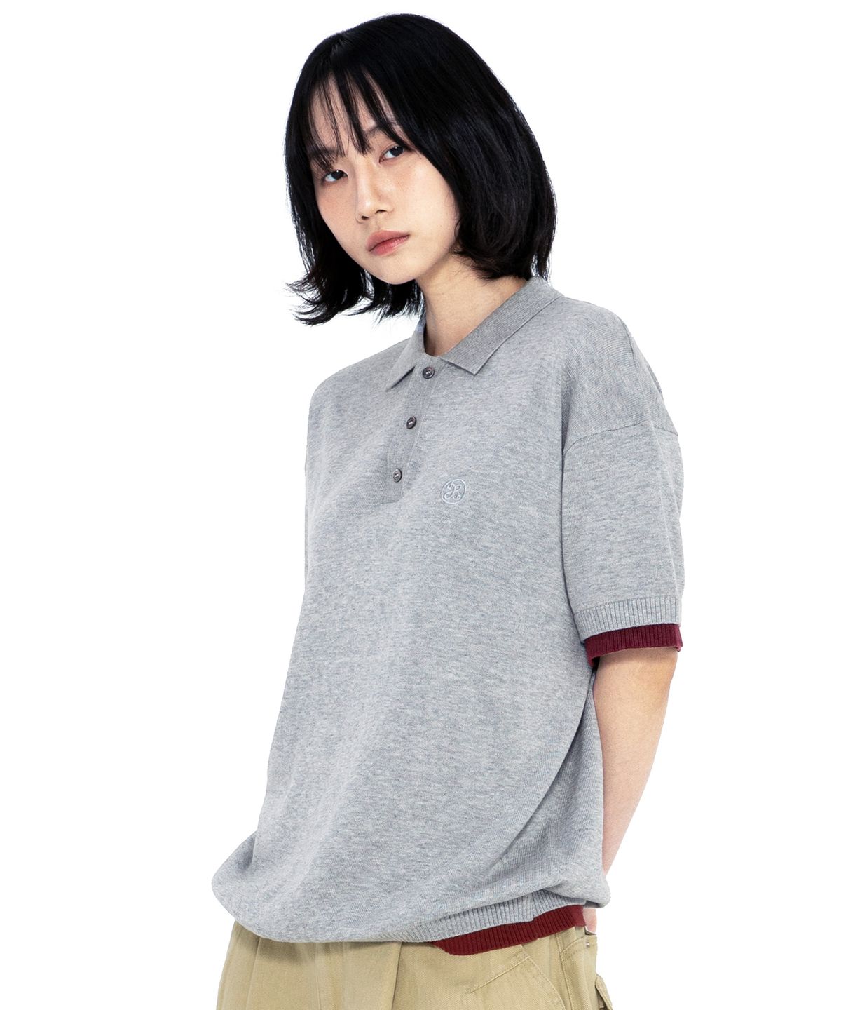 엑스톤즈(XTONZ) XTK181 컬러링 레이어드 카라 니트 (GRAY)