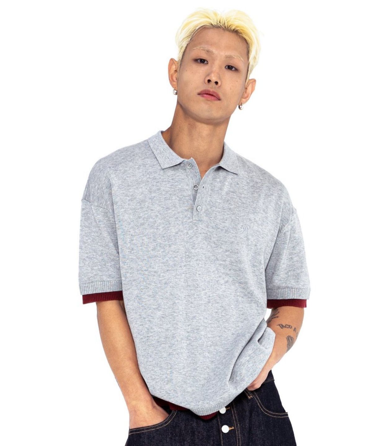 엑스톤즈(XTONZ) XTK181 컬러링 레이어드 카라 니트 (GRAY)