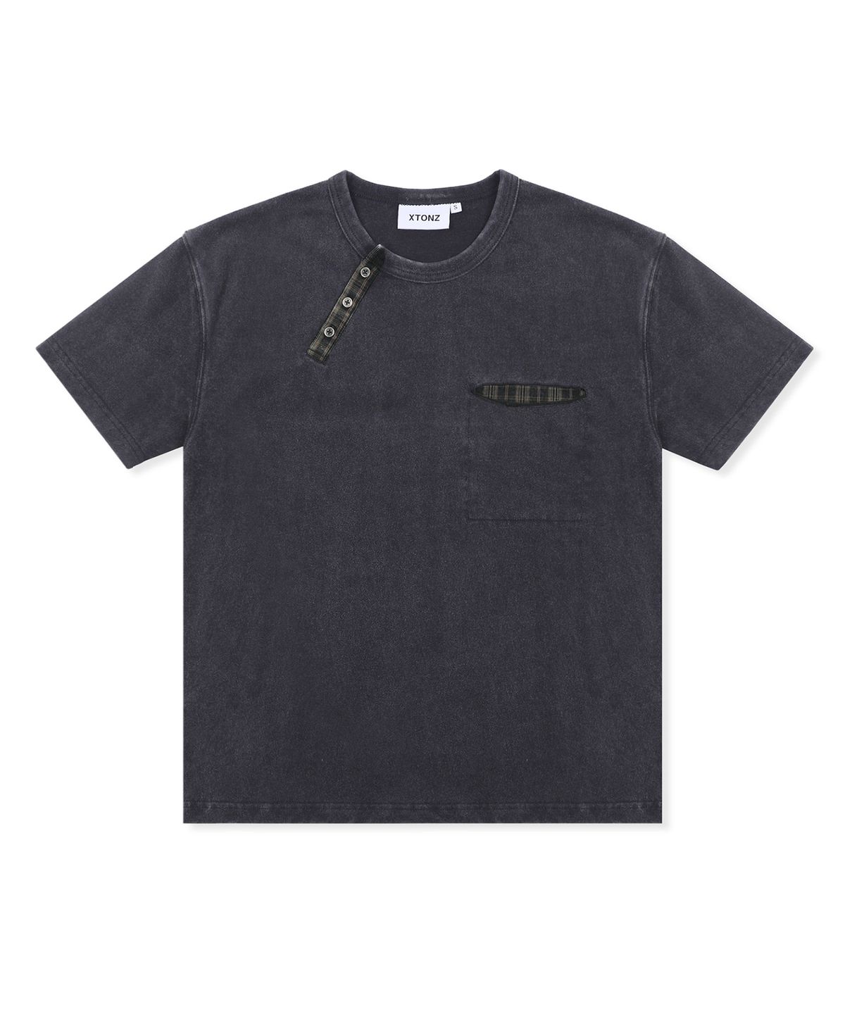 엑스톤즈(XTONZ) XTT154 체크 헨리넥 워싱 크롭 티셔츠 (BLACK)