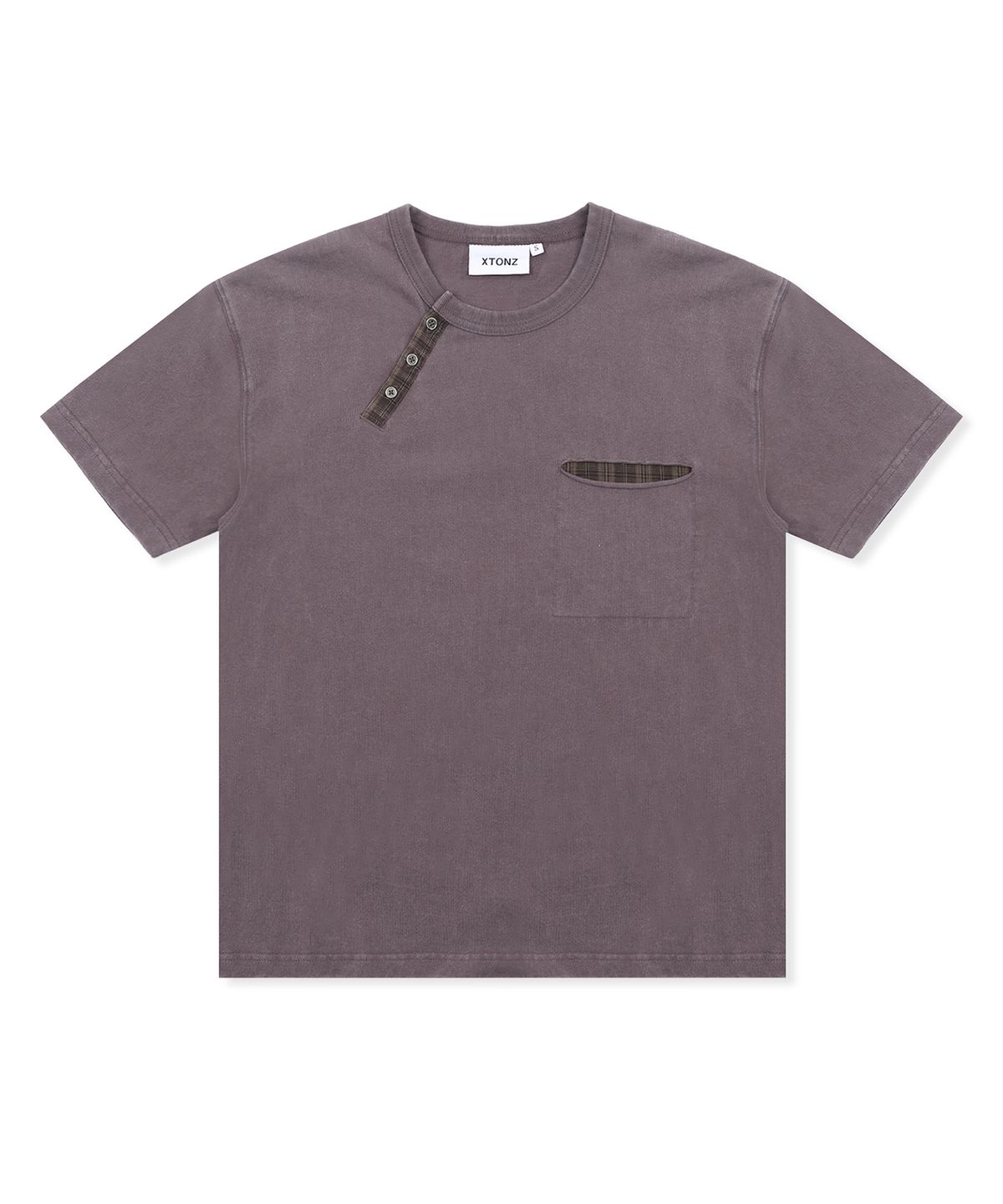엑스톤즈(XTONZ) XTT154 체크 헨리넥 워싱 크롭 티셔츠 (PURPLE/BROWN)
