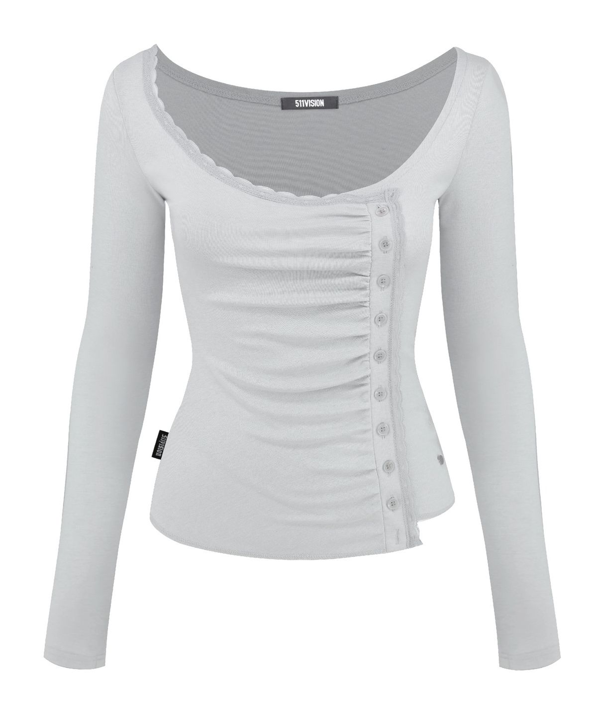 511비전(511VISION) ELIN LACE UNBALANCE SHIRRING TOP , LIGHT-GREY