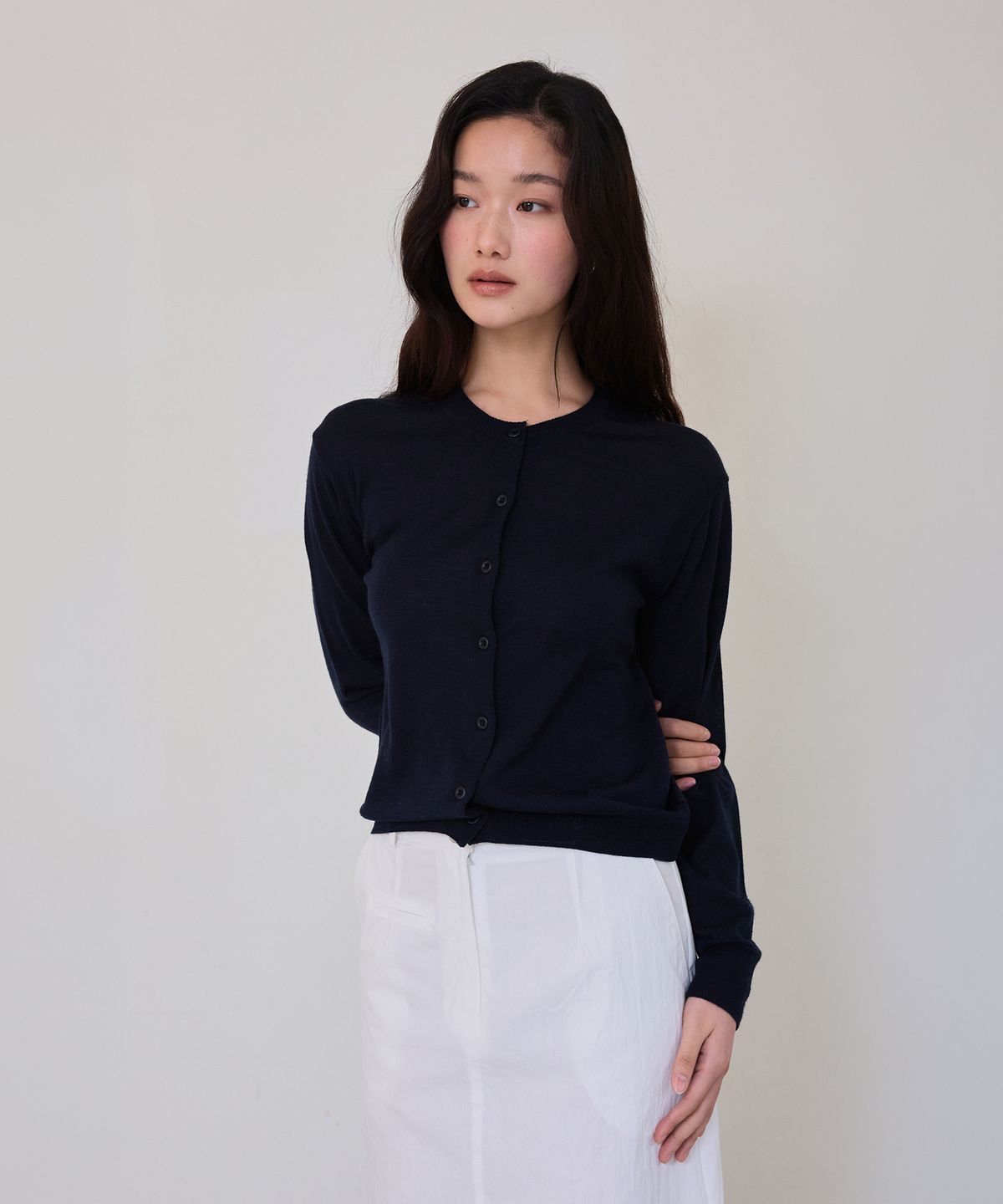 더엘로(THEELO) 숄카라 니트 가디건 (Navy)