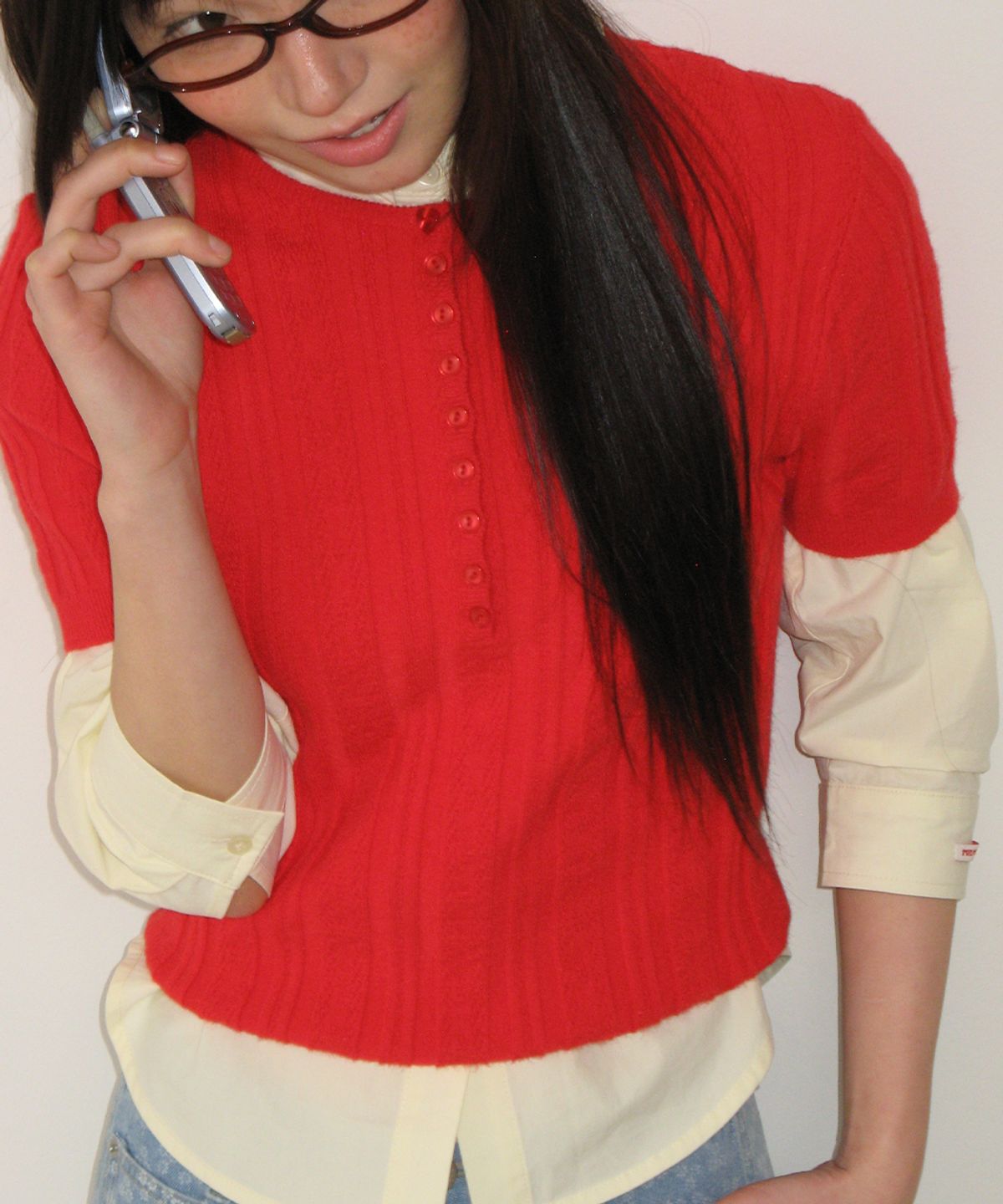 론론(RONRON) BUTTON POINT SLIM SHORT SLEEVE KNIT RED