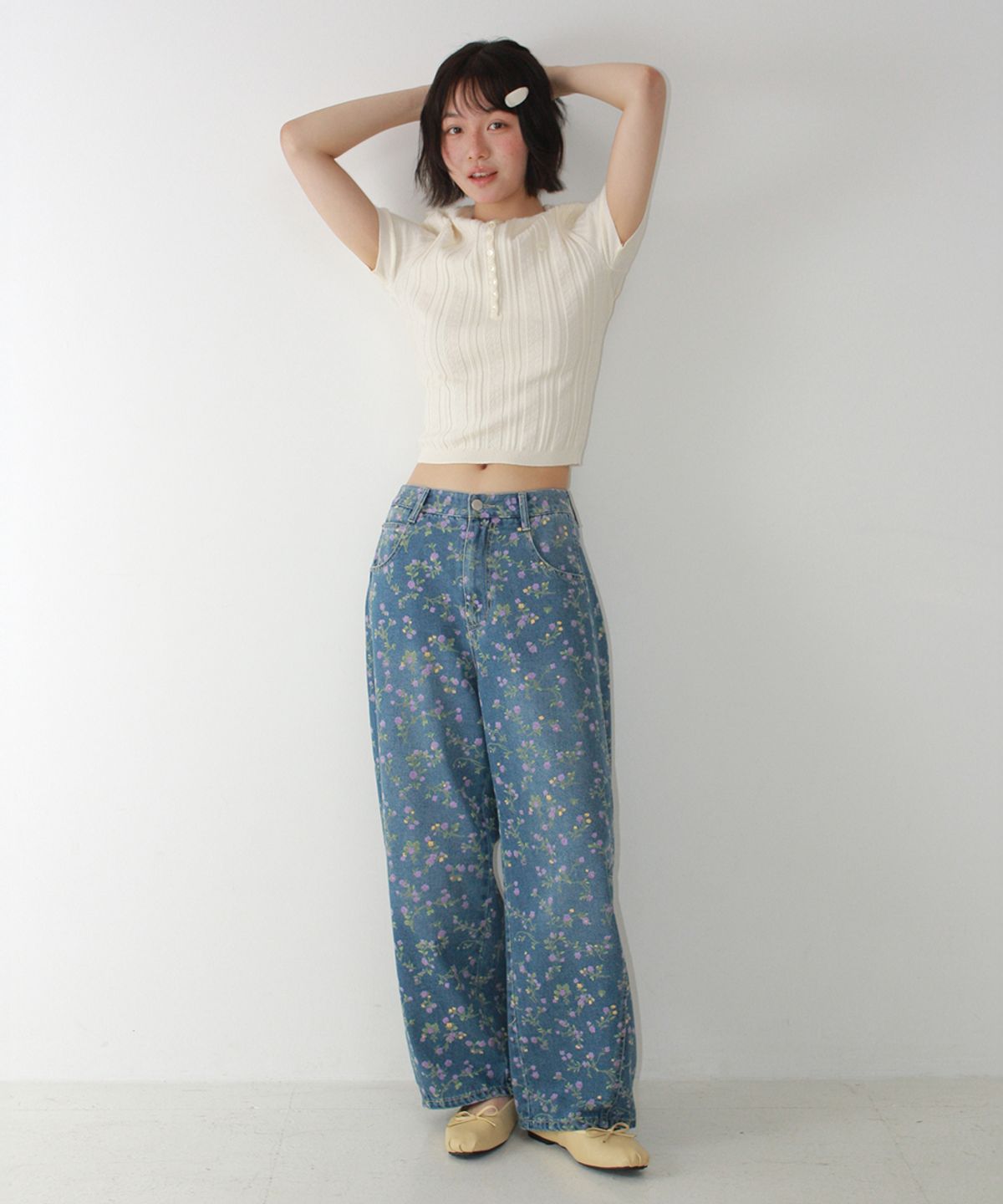 론론(RONRON) BUTTON POINT SLIM SHORT SLEEVE KNIT IVORY