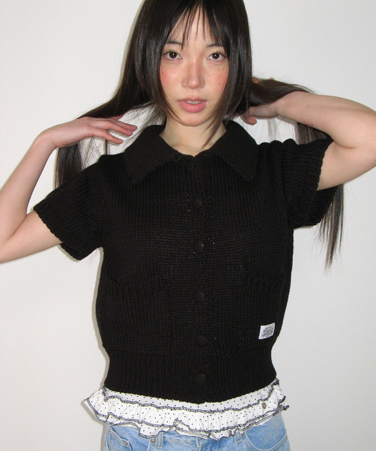 론론(RONRON) POCKET COLLARED KNIT SHORT SLEEVE CARDIGAN BLACK