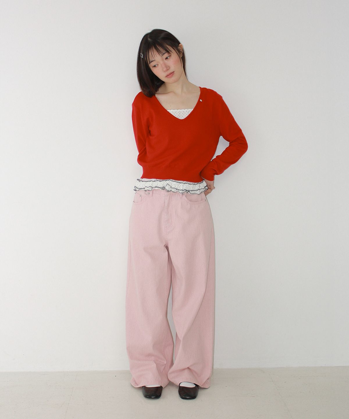 론론(RONRON) BASIC DEEP V NECK COMPACT KNIT RED