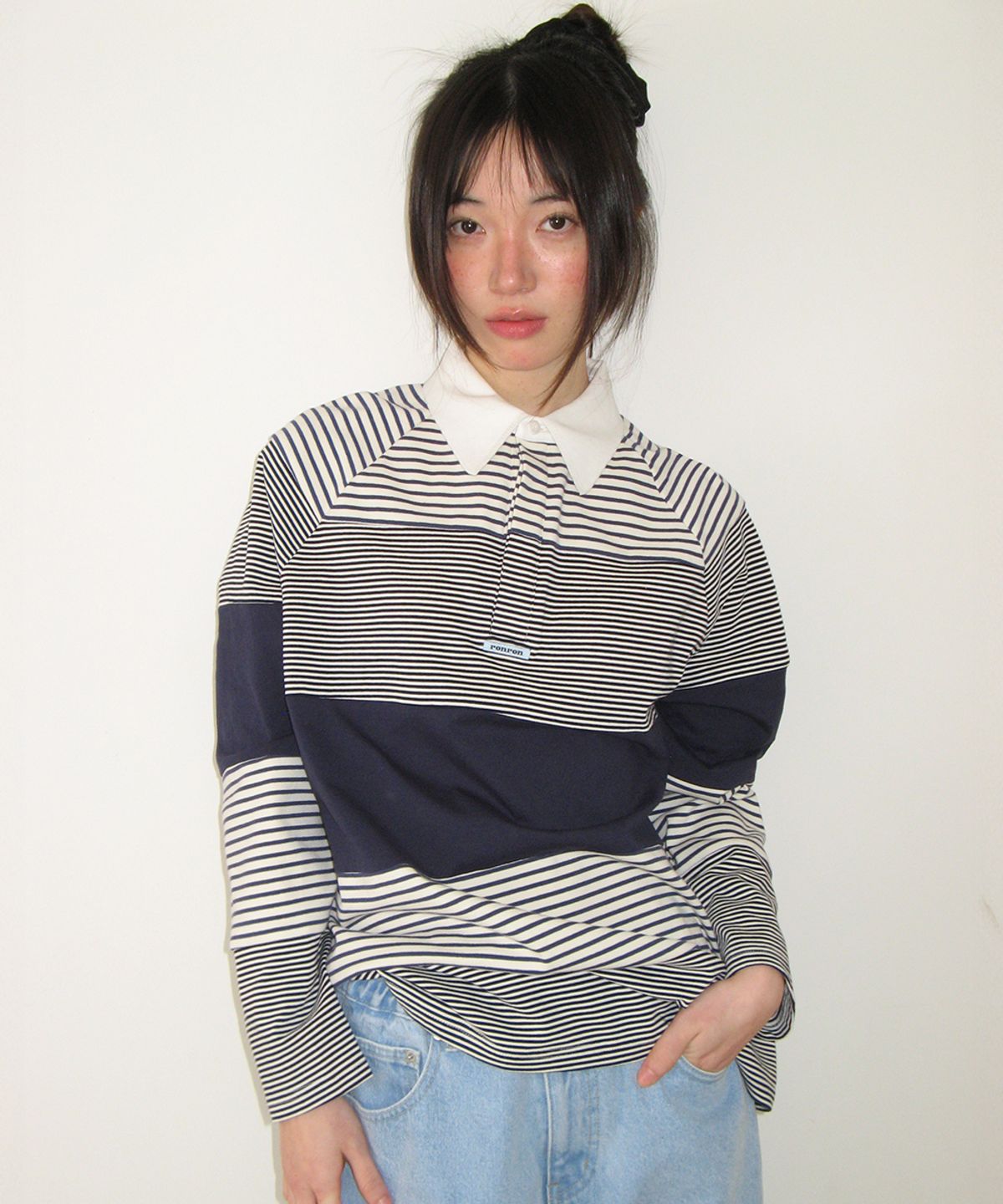 론론(RONRON) STRIPE BLOCK COLLAR LONG SLEEVE NAVY
