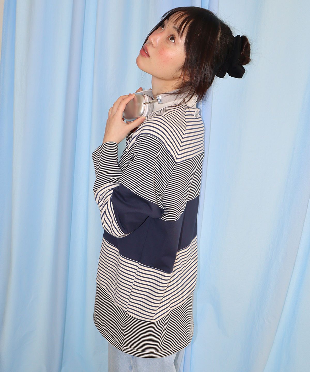 론론(RONRON) STRIPE BLOCK COLLAR LONG SLEEVE NAVY