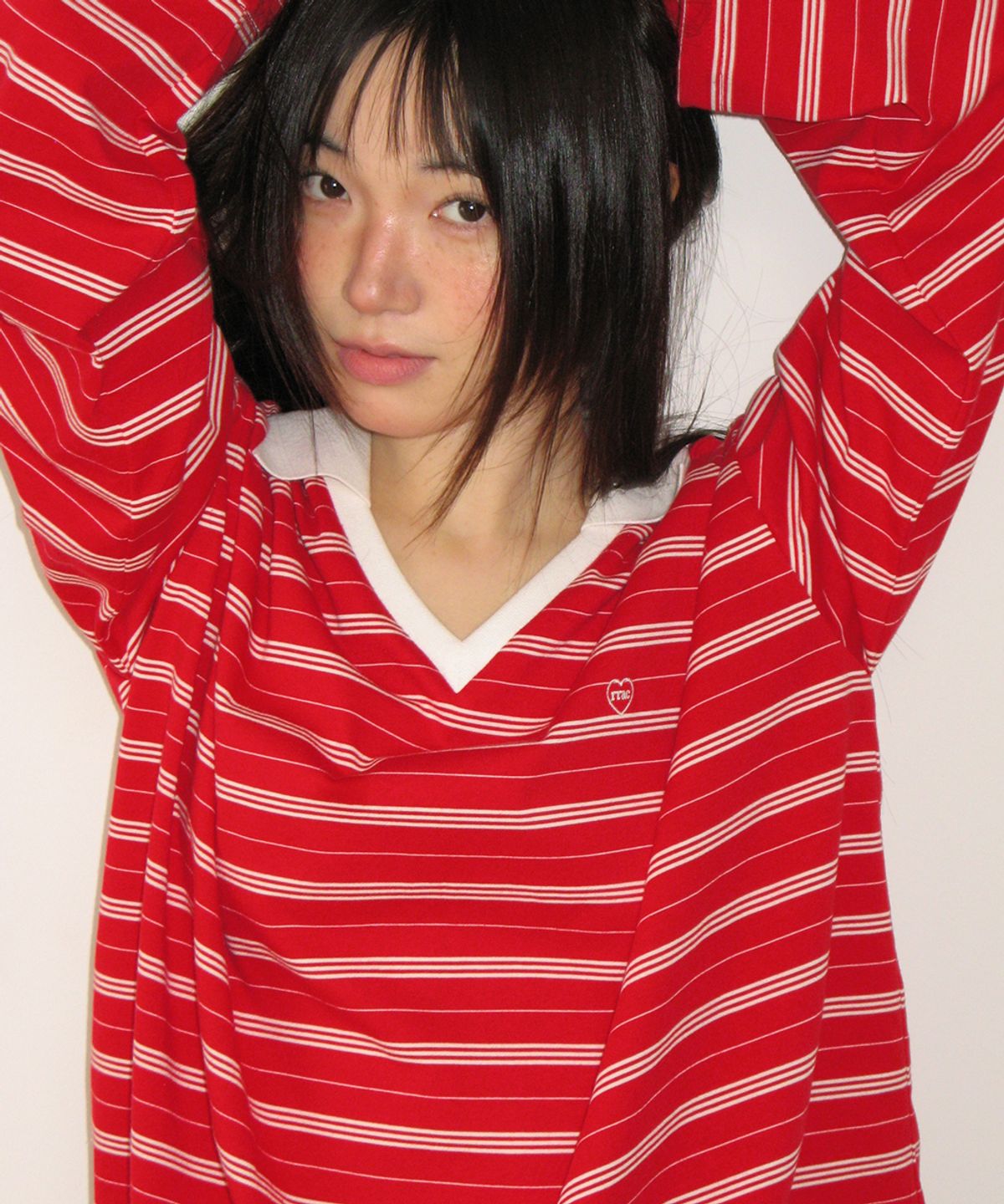 론론(RONRON) STRIPE V NECK COLLAR LONG SLEEVE RED