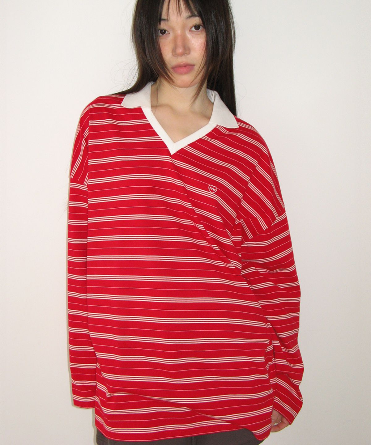 론론(RONRON) STRIPE V NECK COLLAR LONG SLEEVE RED