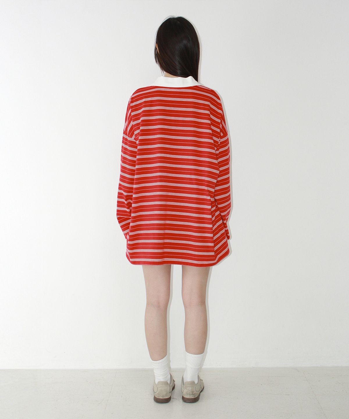 론론(RONRON) STRIPE V NECK COLLAR LONG SLEEVE RED