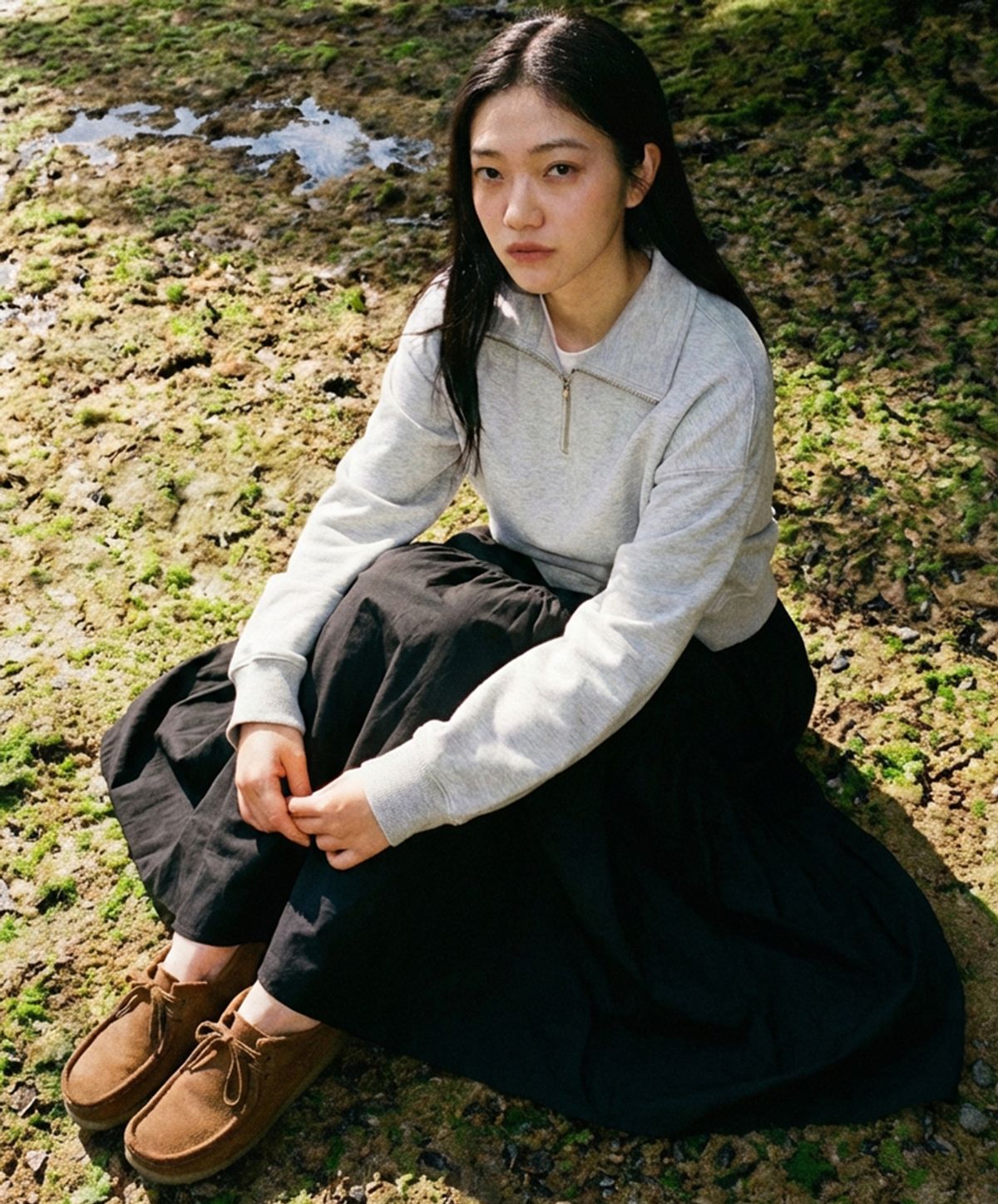 리브레너(REBRENNER) 베이직 오버사이즈 볼륨 크롭 하프집업 그레이