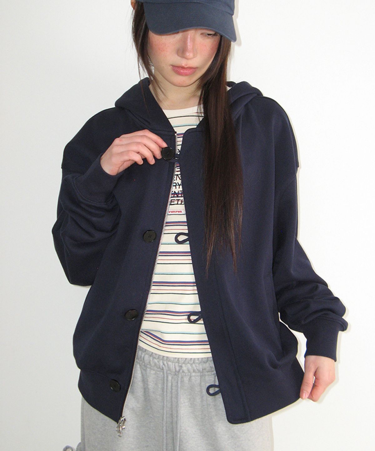 론론(RONRON) DUFFLE PLACKET HOODIE ZIP UP NAVY