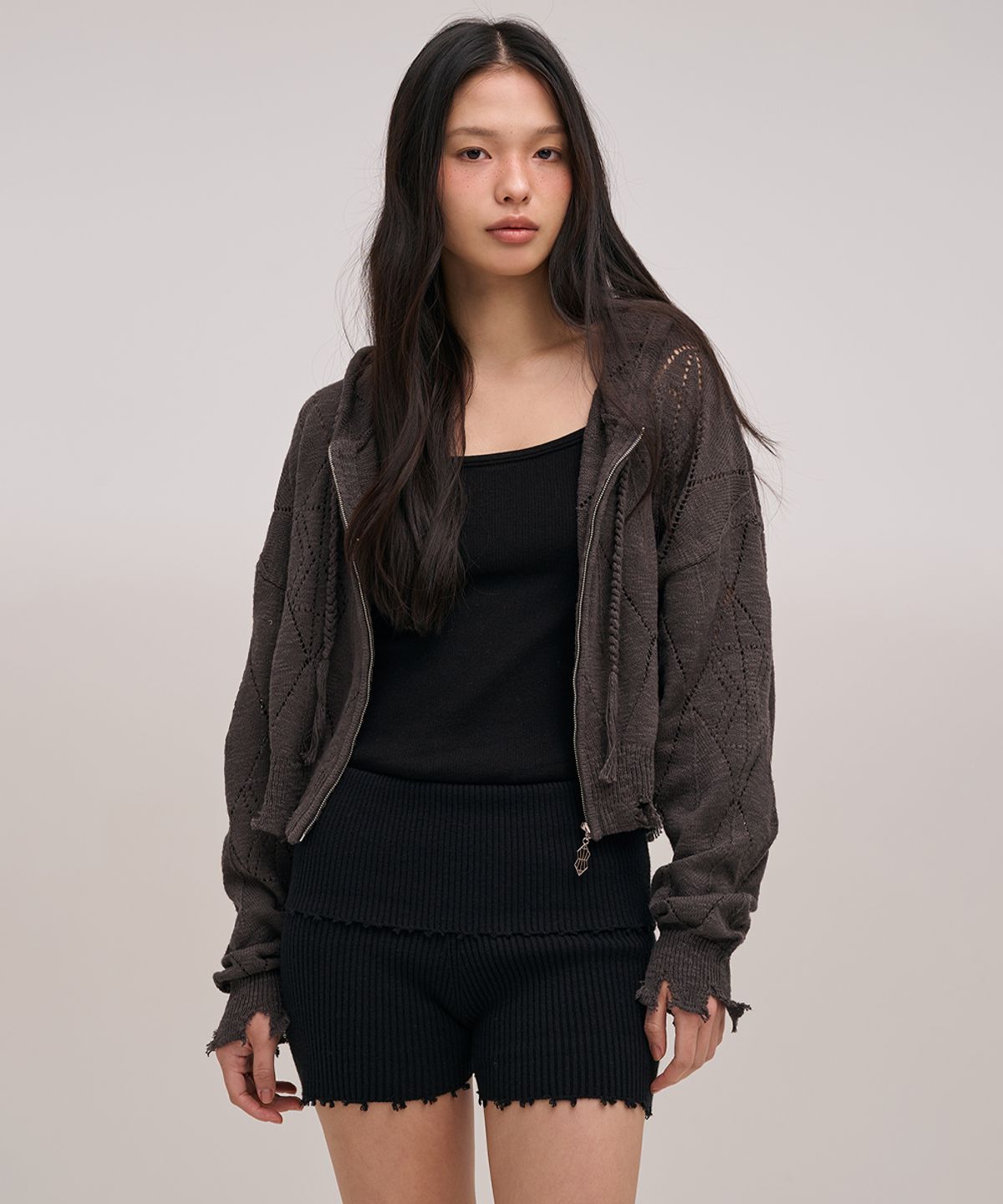 졸리앙볼(JOLIEENVOL) SLUB KNIT HOOD ZIP-UP (CHARCOAL)