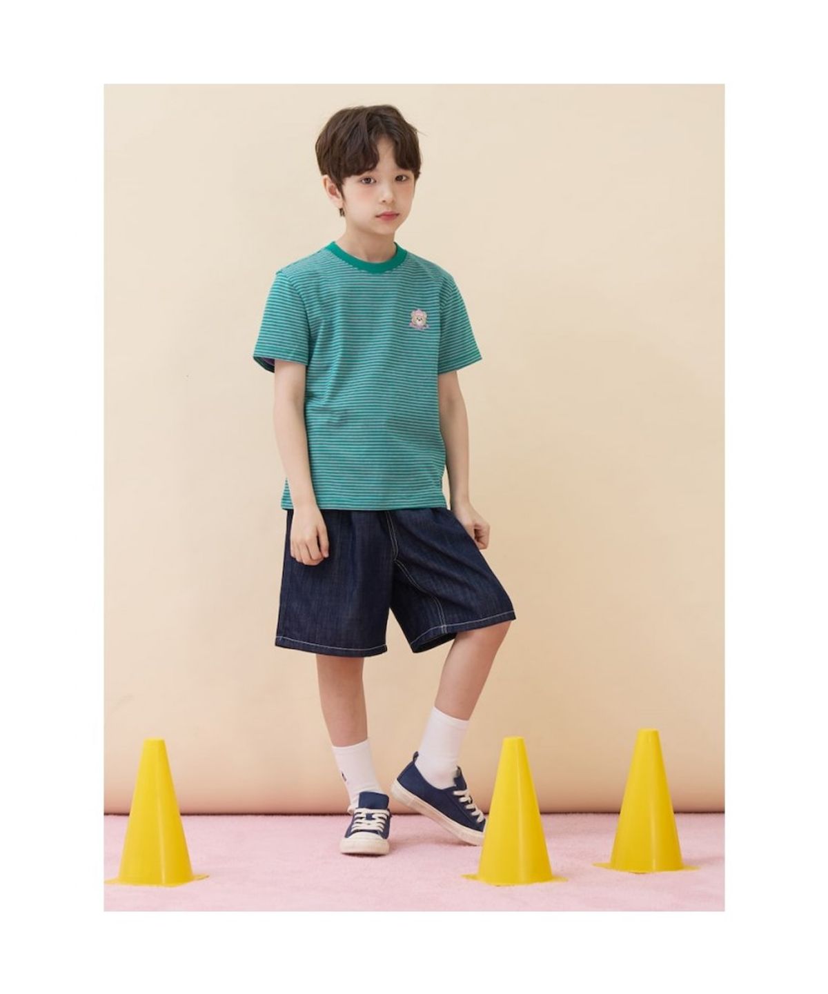 빈폴 키즈(BEANPOLE KIDS) [Essential] 달이 포인트 멀티 스트라이프 티셔츠  그린 (BI6342GE1M)