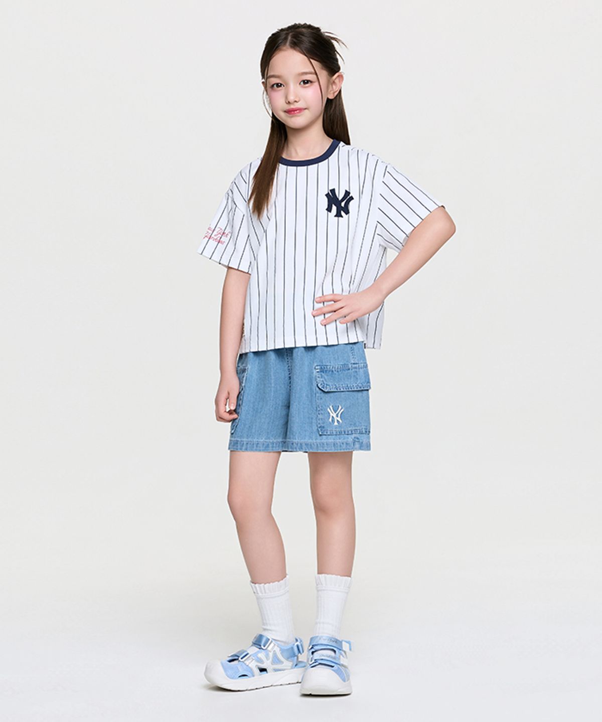 엠엘비 키즈(MLB KIDS) 스트릿 베이직 스트라이프 데님 티셔츠세트(여아) NY (L.Blue)